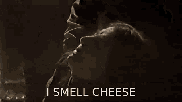 a person is standing in a dark cave with a light coming out of the ceiling and says `` i smell cheese '' .