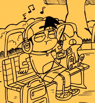 a black and white drawing of a person wearing headphones sitting on a bench