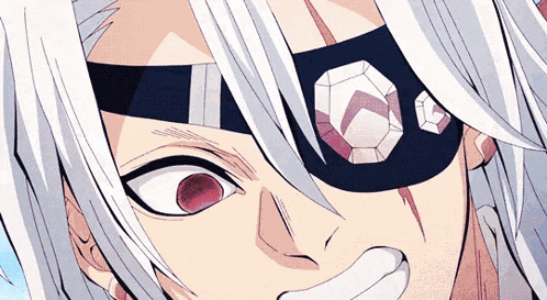 a close up of a person with white hair wearing a mask