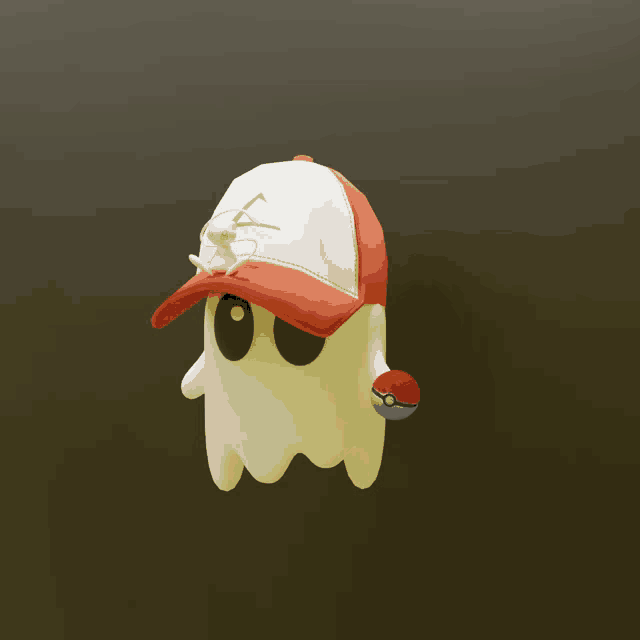 a ghost with a red hat and a pokeball