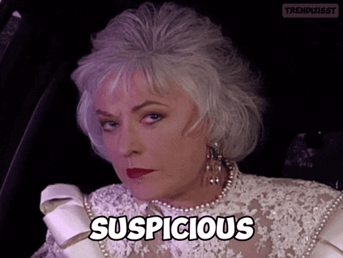 a woman in a white lace dress has the word suspicious above her head