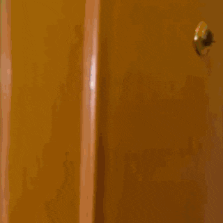 a man in a blue shirt is standing in a room behind a door .