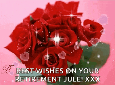 a bouquet of red roses on a pink background with the words `` best wishes on your retirement jule xxx '' .