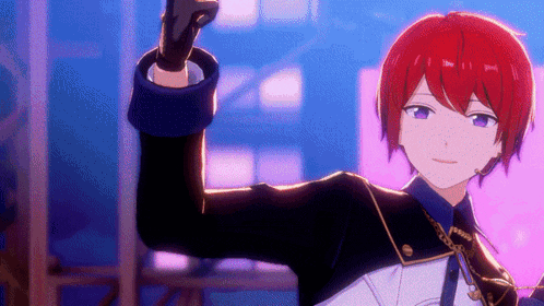 a boy with red hair and purple eyes is wearing a black suit and gloves .
