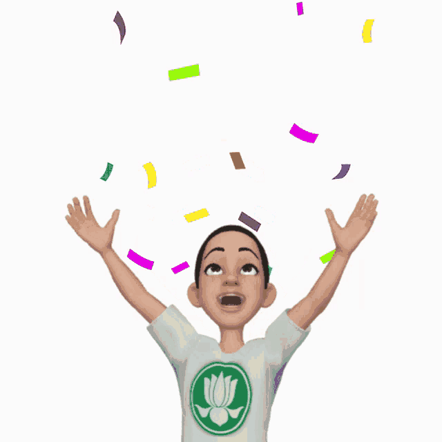 a cartoon character wearing a white shirt with a green circle on the front