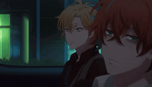 a couple of anime characters with red hair and blue eyes