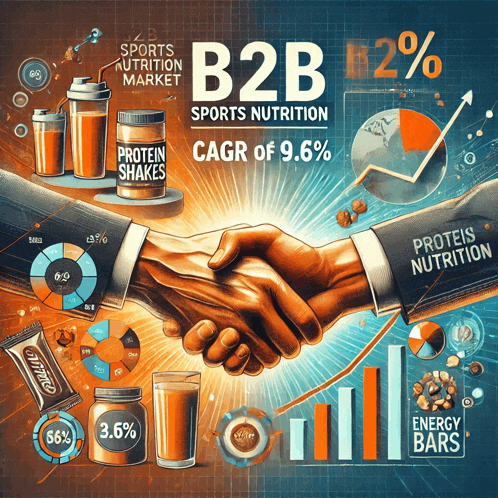 an illustration of two people shaking hands with the words b2b sports nutrition behind them