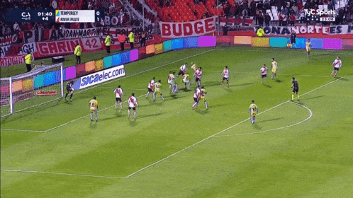 a soccer game is being played in a stadium with a banner that says budge on it