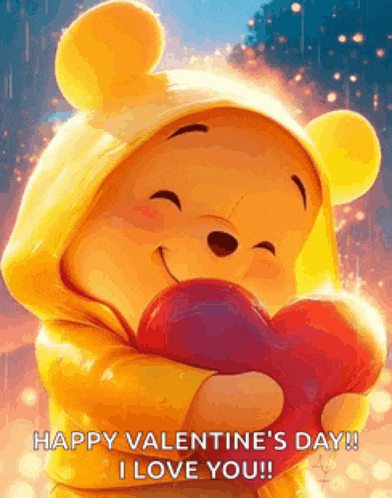 winnie the pooh is wearing a yellow raincoat and hugging a red heart .