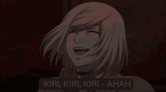 a picture of a girl laughing with the words kiri kiri kiri - aah on the bottom