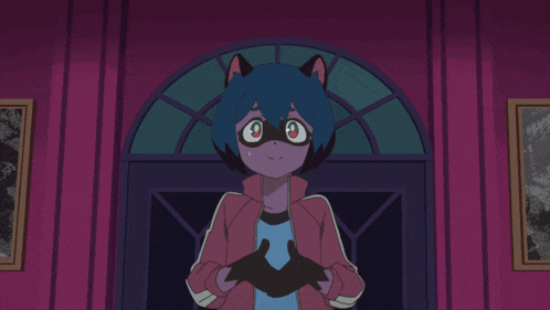 a cartoon character with blue hair and red eyes stands in front of a door