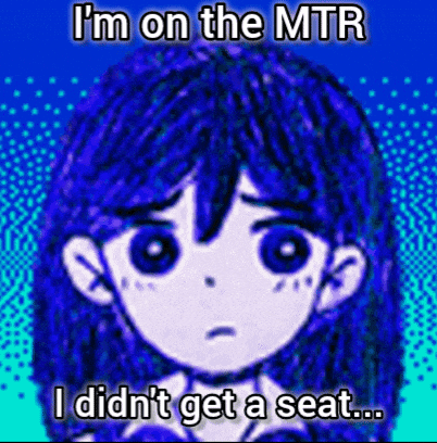 a cartoon of a girl with blue hair and the words i 'm on the mtr i did n't get a seat
