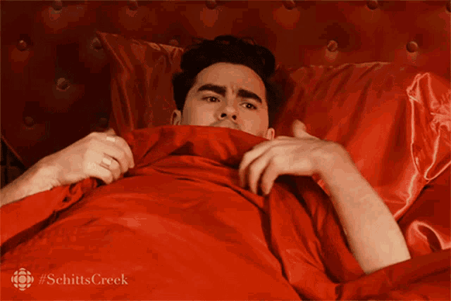 a man laying in a bed with red sheets and a #schitts creek logo behind him