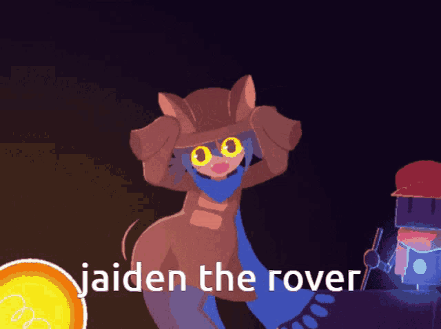 a cartoon of a dog with the words jaiden the rover on the bottom