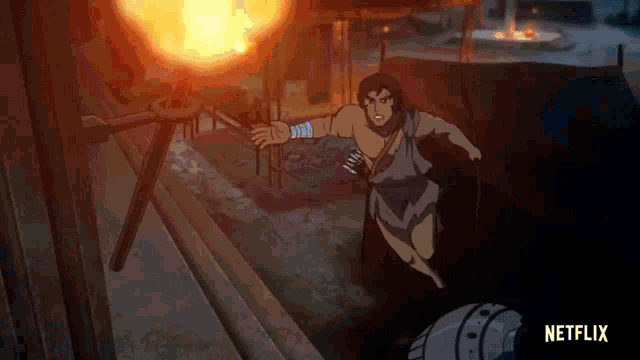 a cartoon of a man running in front of a fire with a netflix logo in the corner