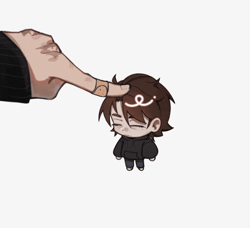 a hand with a bandage on it touches the head of a small person