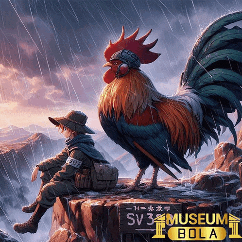 a painting of a boy sitting on a rock next to a large rooster with the words sv 3 museum bola on the bottom