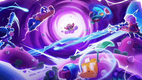 a group of cartoon characters are fighting each other in a purple background