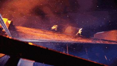 a person standing on top of a wooden beam with a sword