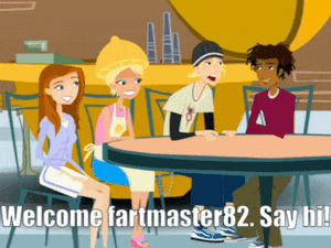 a group of people sitting at a table with the words welcome fartmaster82 say hi on the bottom