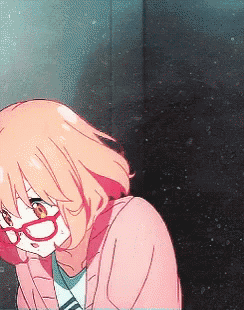 a girl wearing glasses and a pink jacket looks down