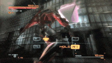 a video game screen shows a robot fighting another robot and the words hold r1