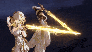a woman in a white dress is holding a sword