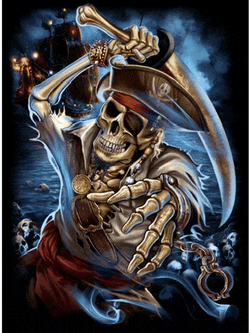 a pirate skeleton is holding a sword and a coin