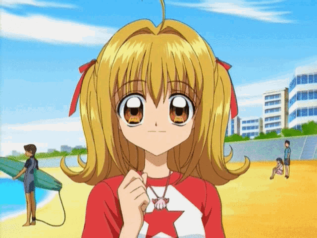 a girl in a red shirt with a red star on it