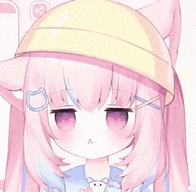 a little girl with pink hair and purple eyes is wearing a yellow hat with cat ears .