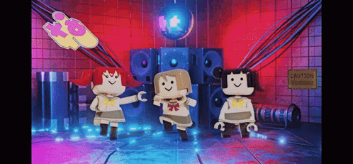 three cartoon characters are dancing in front of a disco ball with a caution sign in the background