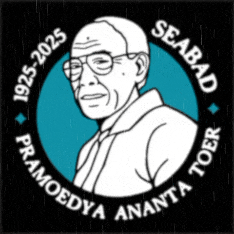 a black and white drawing of a man in a circle that says seabad 1925-2025 pramoedya ananta toer