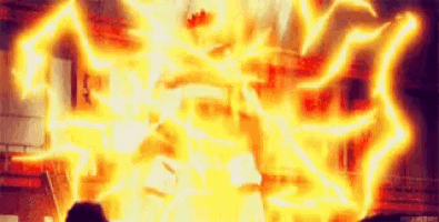 a person is standing in front of a fire with a lightning bolt coming out of it .
