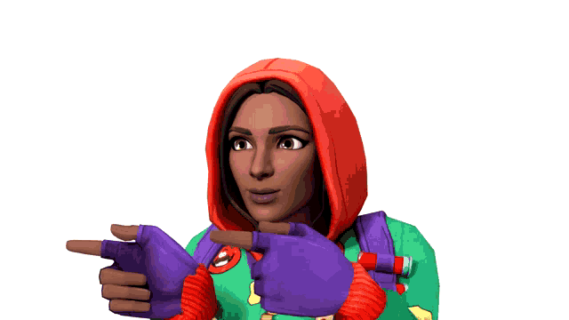 a cartoon character wearing a red hoodie and purple gloves pointing at something