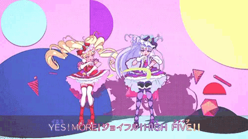 a cartoon of two girls with the words yes ! more ! high five !!