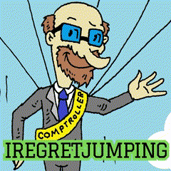 a cartoon of a man with a sash around his neck that says comptroller