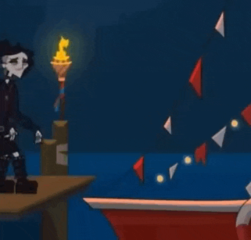 a cartoon character is sitting on a dock next to a boat and a torch .