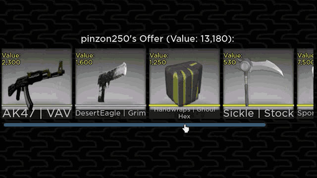 a screenshot of pinzon250 's offer that includes a desert eagle grim handwraps and a stock sports glove