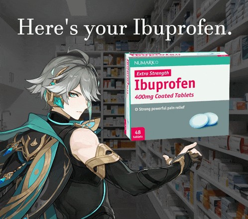 a box of ibuprofen tablets in a pharmacy