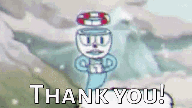 a cartoon character is flying through the air with the words `` thank you '' written below him .