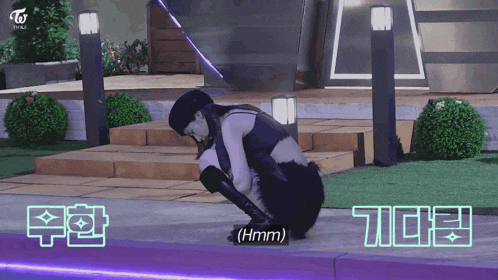 a woman is squatting down and says hmm
