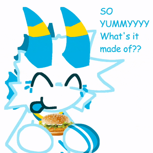 a box with a cartoon character eating a hamburger and the words " so yummy what 's it made of "