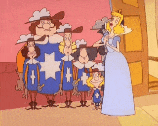 a woman in a blue dress is standing next to a group of men in blue uniforms .