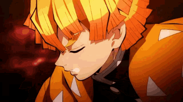 a close up of a person 's face with yellow hair and a red background .
