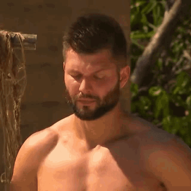 a shirtless man with a beard is standing in front of a wooden structure .