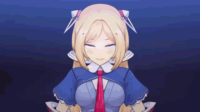 a blonde anime girl with a blue cape and a red tie