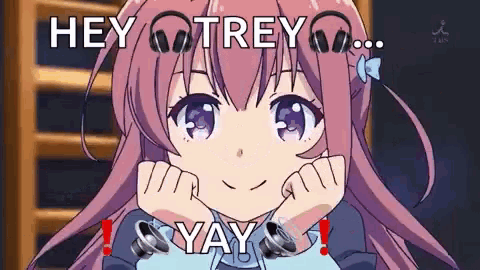 a pink haired anime girl with headphones on her head is making a funny face .