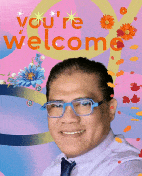 a man with glasses is smiling in front of a pink background that says " you 're welcome "