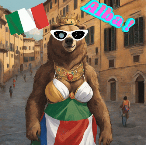 a painting of a bear wearing sunglasses and a crown with the word alba on it