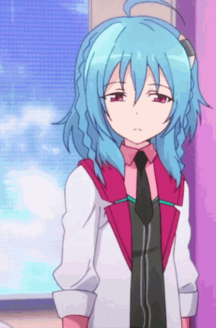 a girl with blue hair and a purple shirt and tie